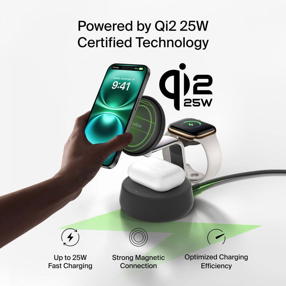 Бездротовий зарядний пристрій BELKIN UltraCharge Pro 3-in-1 Magnetic Charging Dock Qi2 25W Charcoal (WIZ040KQCH)