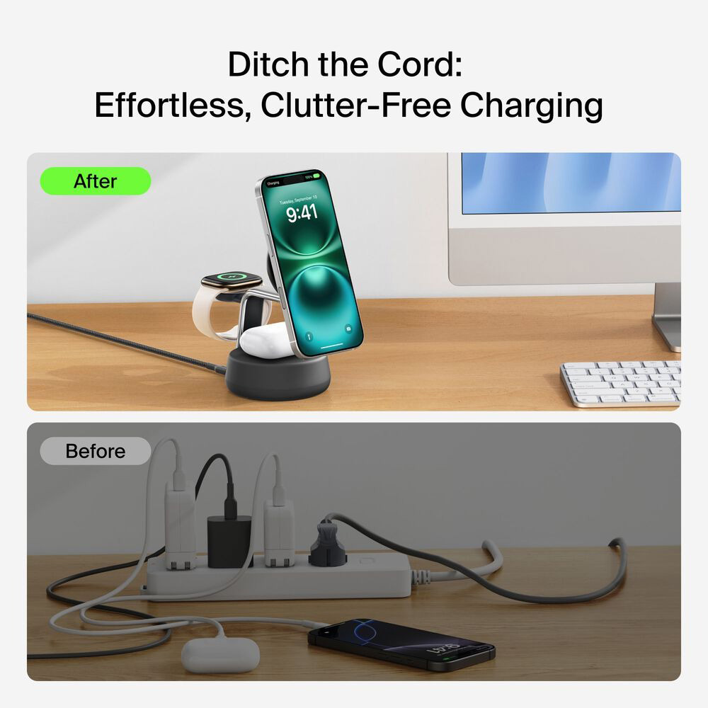 Бездротовий зарядний пристрій BELKIN UltraCharge Pro 3-in-1 Magnetic Charging Dock Qi2 25W Charcoal (WIZ040KQCH)