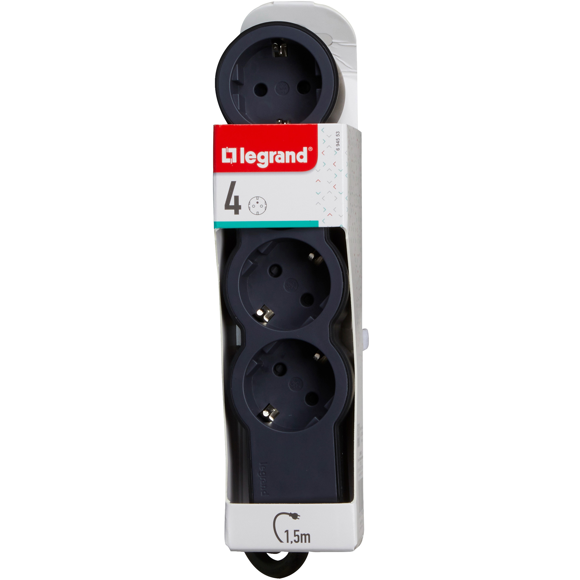 Подовжувач LEGRAND Standard 4x2K+3 Black, 4 розетки, 1.5м (694553)