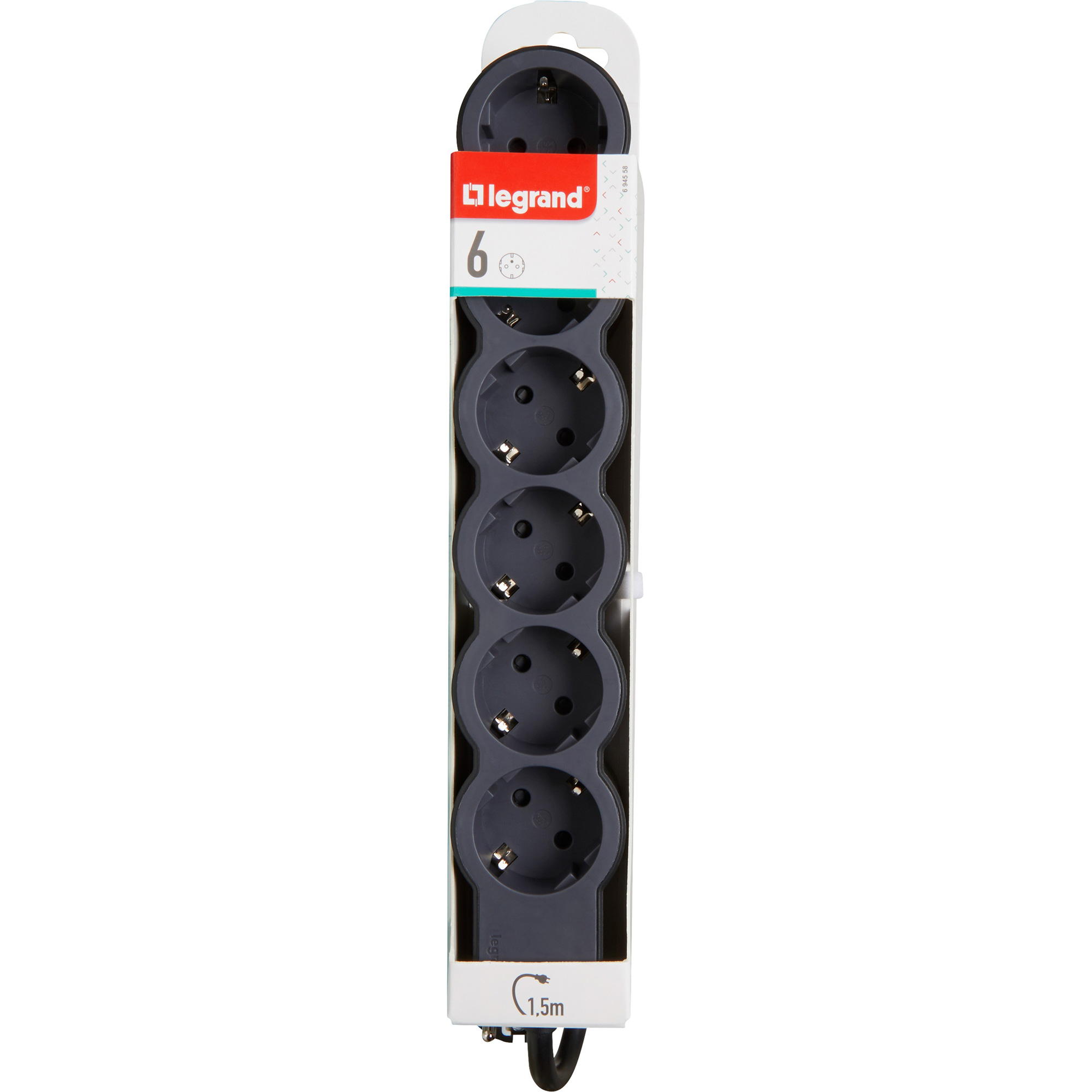 Подовжувач LEGRAND Standard 6x2K+3 Black, 6 розеток, 1.5м (694558)