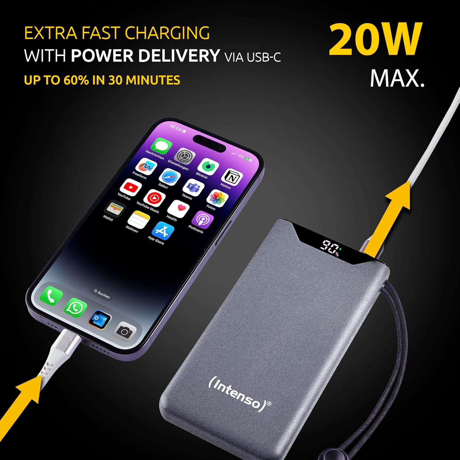 Повербанк INTENSO F10000 1xUSB-C PD20W, 1xUSB-A QC18W 10000mAh Gray (7332034)