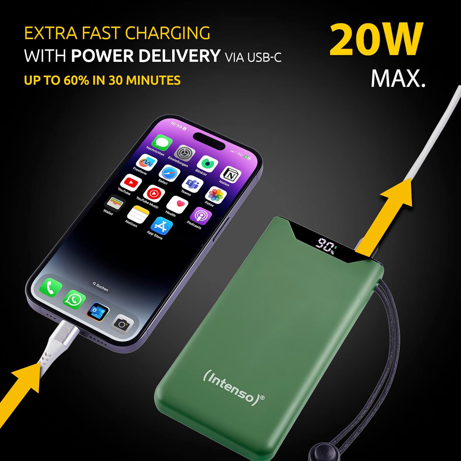 Повербанк INTENSO F10000 1xUSB-C PD20W, 1xUSB-A QC18W 10000mAh Green (7332037)