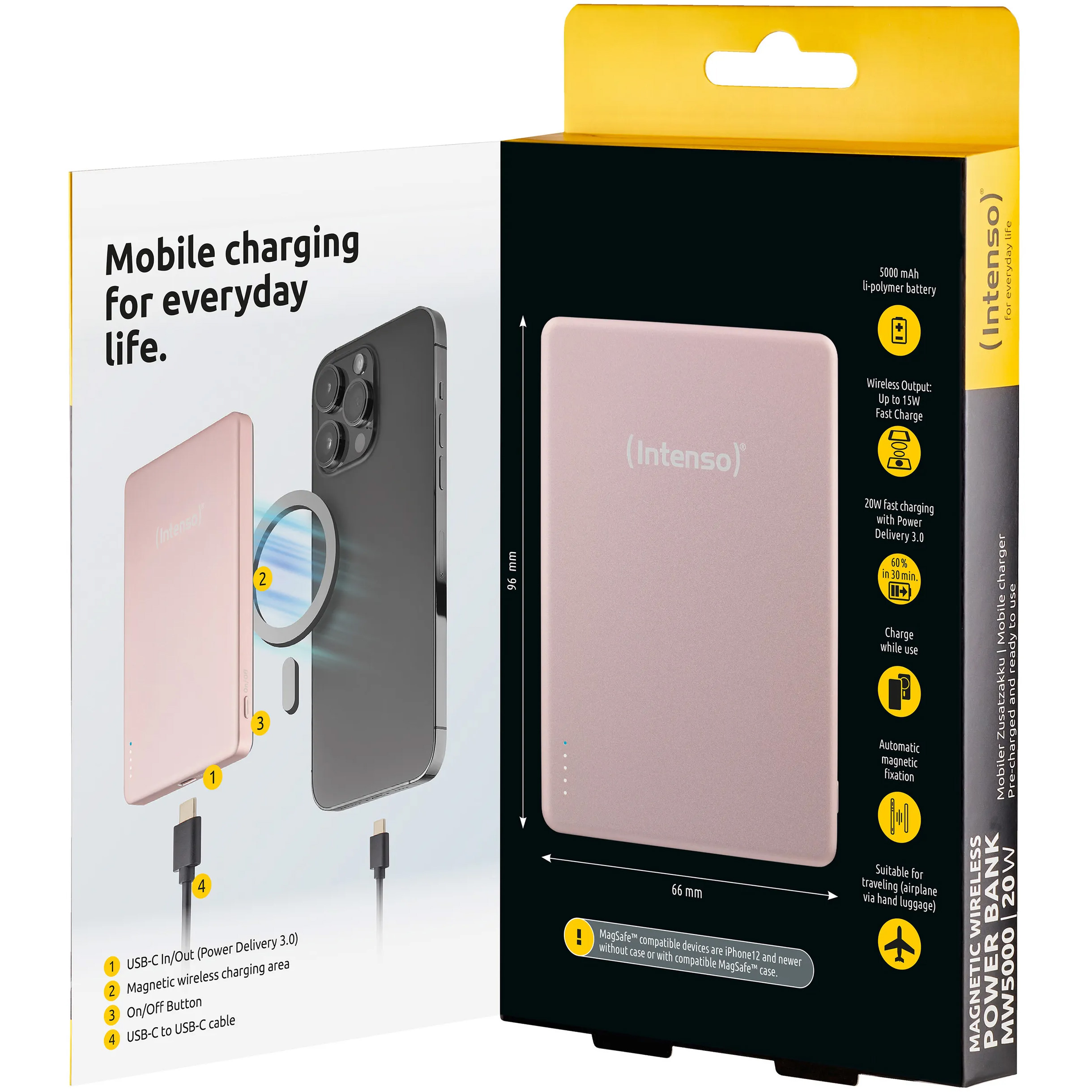 Повербанк з бездротовою зарядкою INTENSO MW5000 20W 5000mAh Rose (7344023)
