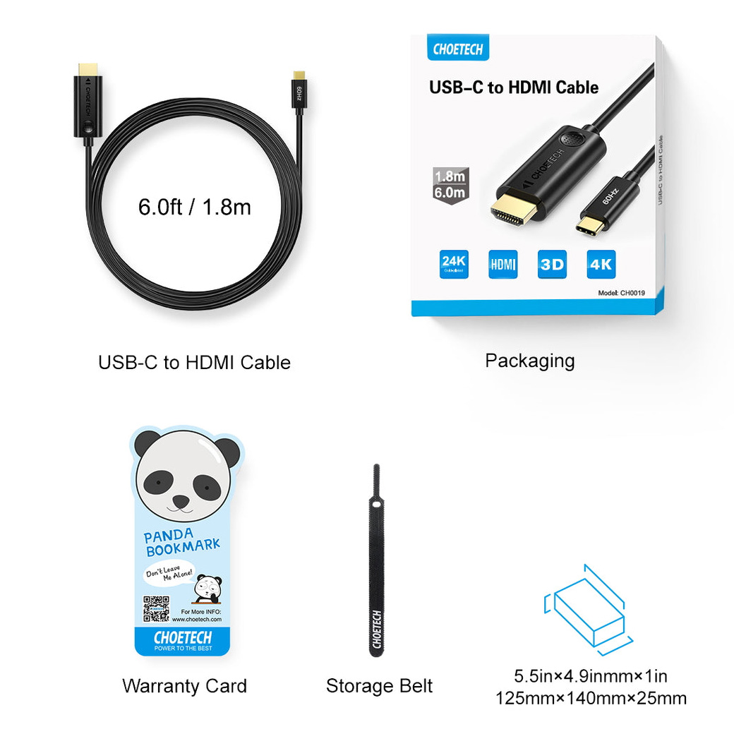 Кабель CHOETECH 4K 60Hz USB-C to HDMI v2.0 1.8м Black (CH0019-BK-V3)