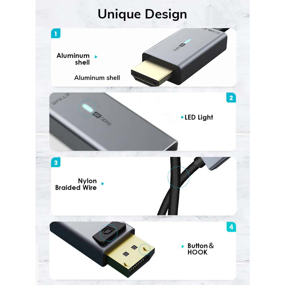 Кабель CABLETIME 4K 30Hz DisplayPort - HDMI 1.8м Black/Gray (CD31K)