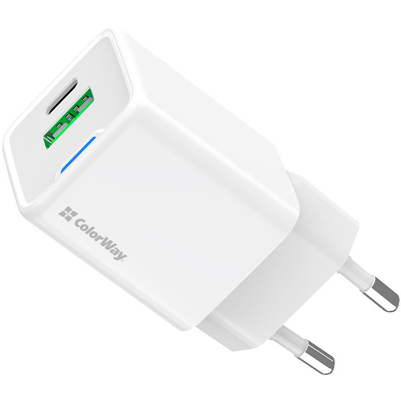 Зарядний пристрій COLORWAY GaN Mini 20W 1xUSB-A, 1xUSB-C Fast Charging White (CW-CHS062PD-WT)