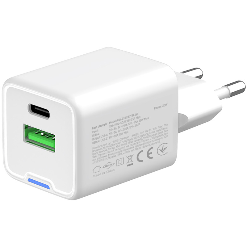 Зарядний пристрій COLORWAY GaN Mini 20W 1xUSB-A, 1xUSB-C Fast Charging White (CW-CHS062PD-WT)
