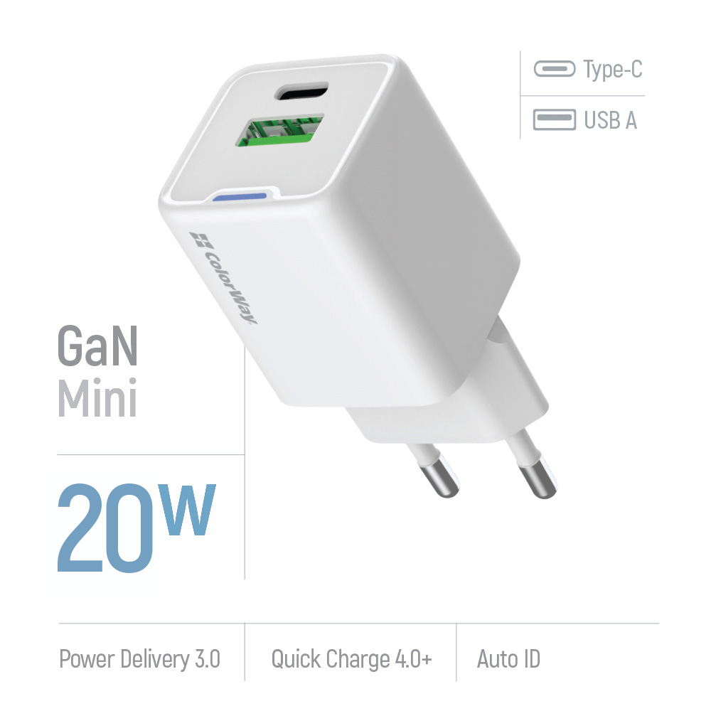 Зарядний пристрій COLORWAY GaN Mini 20W 1xUSB-A, 1xUSB-C Fast Charging White (CW-CHS062PD-WT)