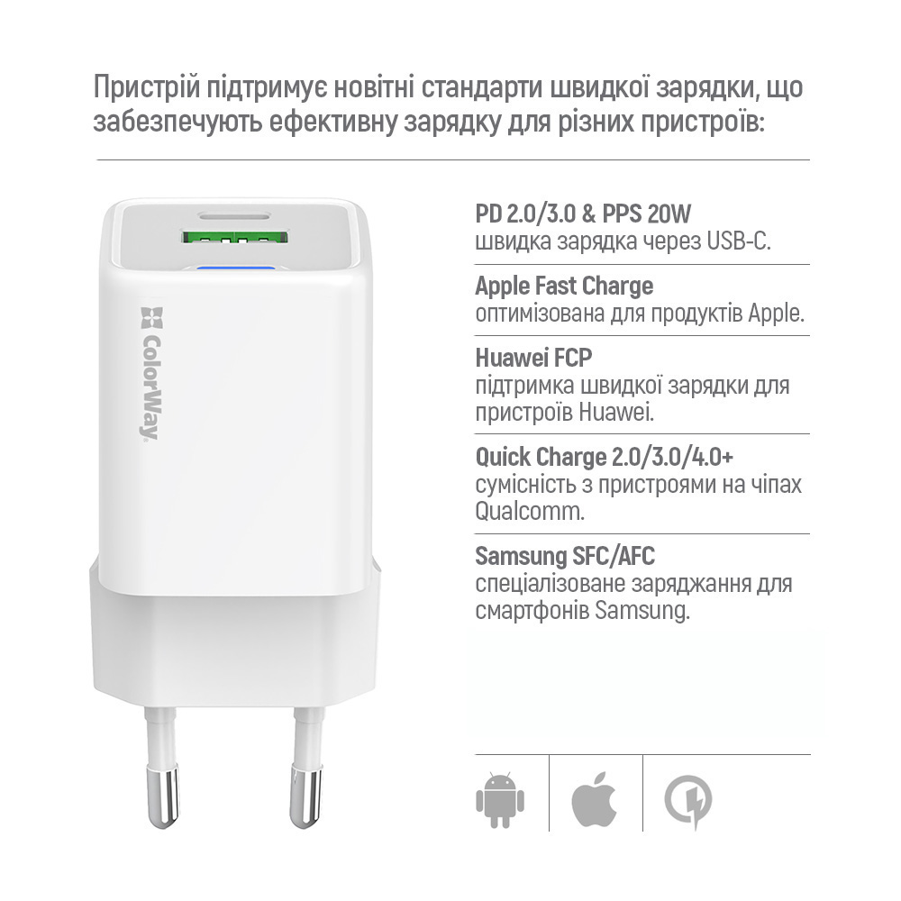 Зарядний пристрій COLORWAY GaN Mini 20W 1xUSB-A, 1xUSB-C Fast Charging White (CW-CHS062PD-WT)