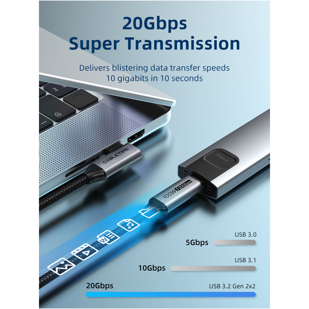 Кабель CABLETIME USB3.2 CM/CM 100W, 20Gbps, 4K@60Hz 1м (CU24H)