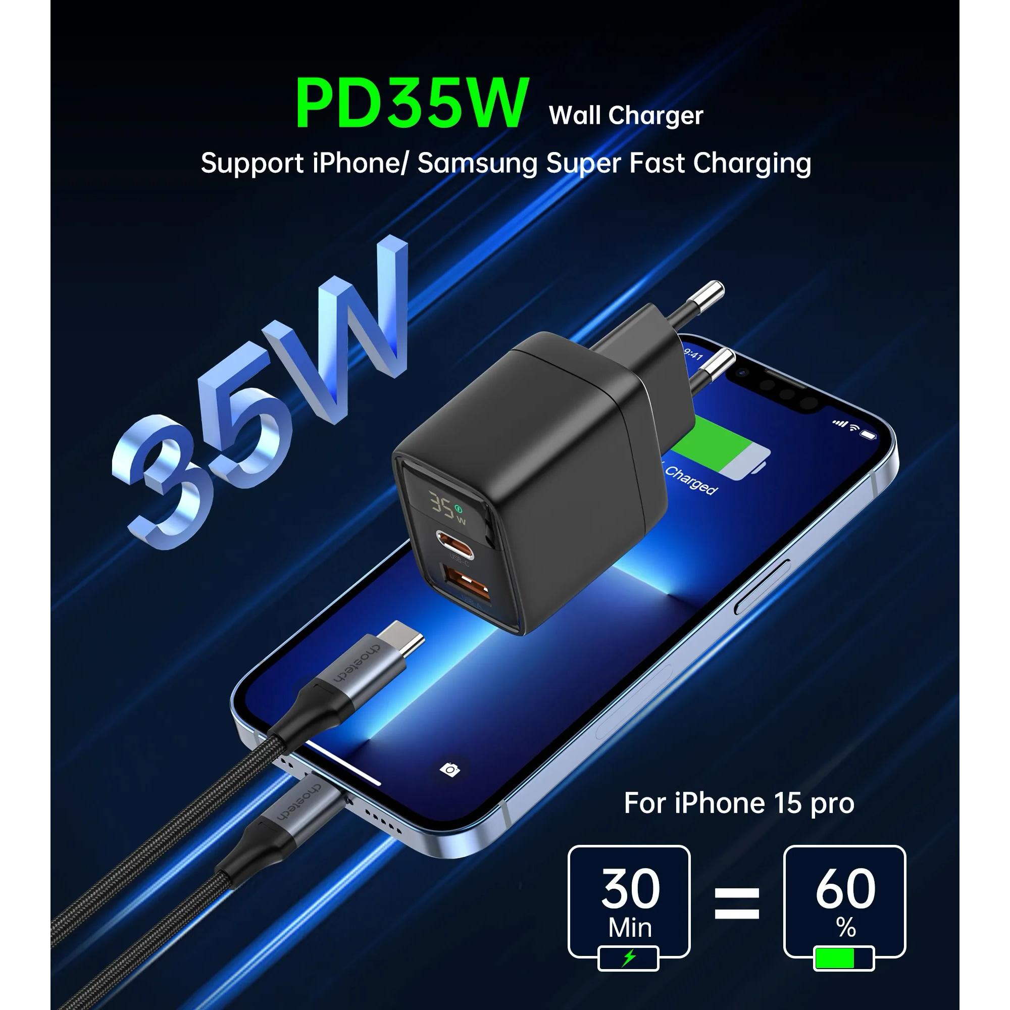 Зарядний пристрій CHOETECH PD6052 PD35W 1xUSB-A, 1xUSB-C PD3.0, QC3.0 Wall Charger Black