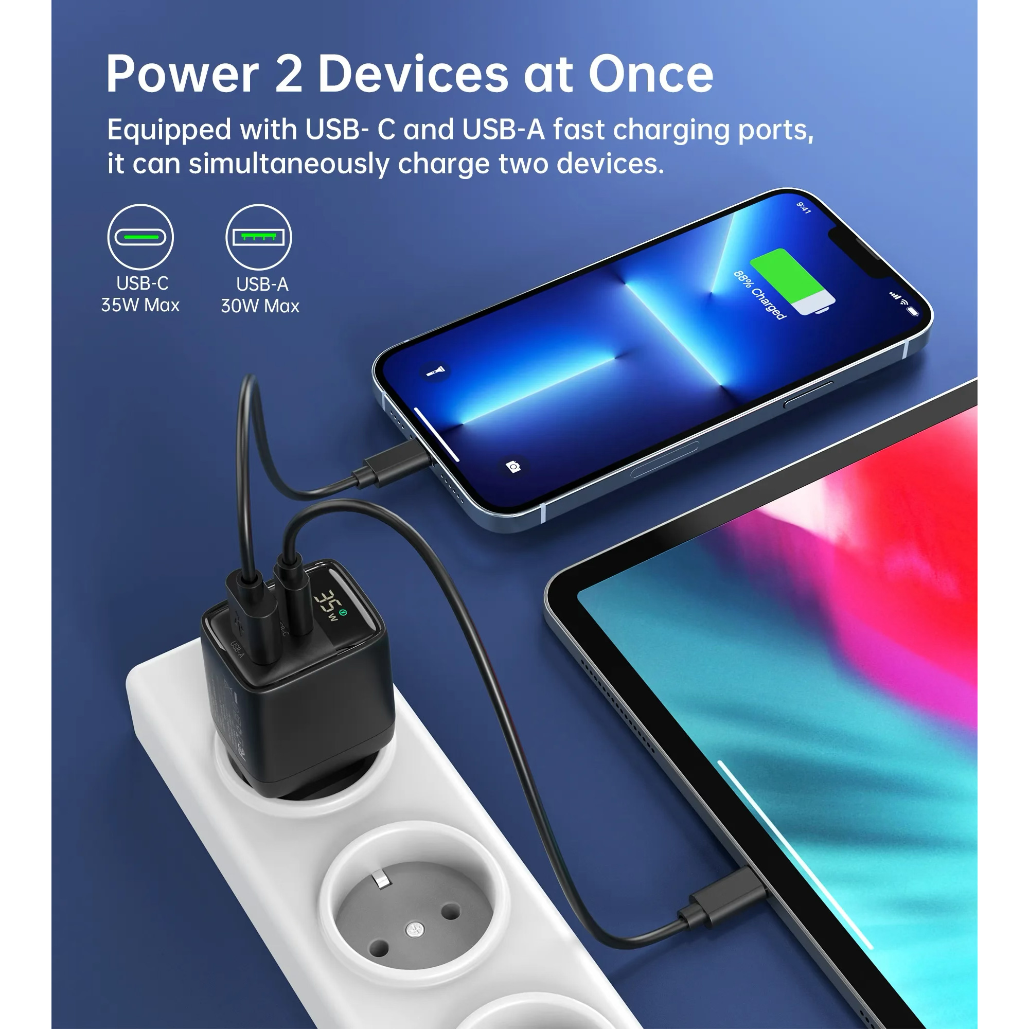 Зарядний пристрій CHOETECH PD6052 PD35W 1xUSB-A, 1xUSB-C PD3.0, QC3.0 Wall Charger Black