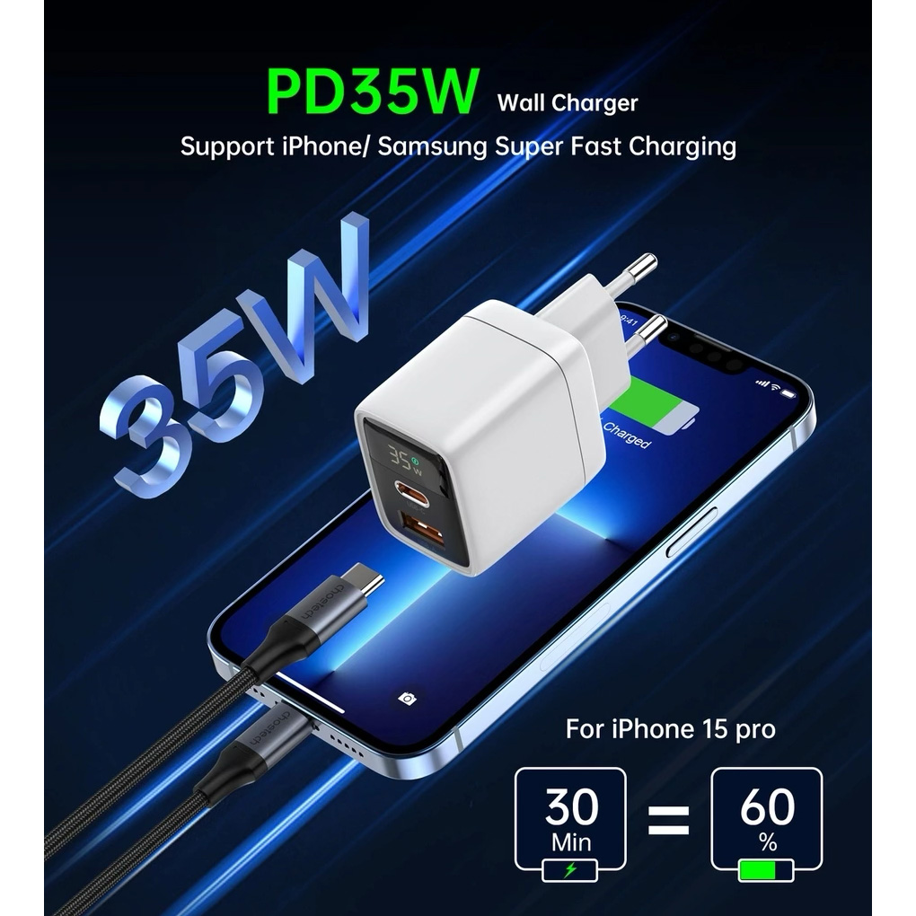 Зарядний пристрій CHOETECH PD6052 PD35W 1xUSB-A, 1xUSB-C PD3.0, QC3.0 Wall Charger White