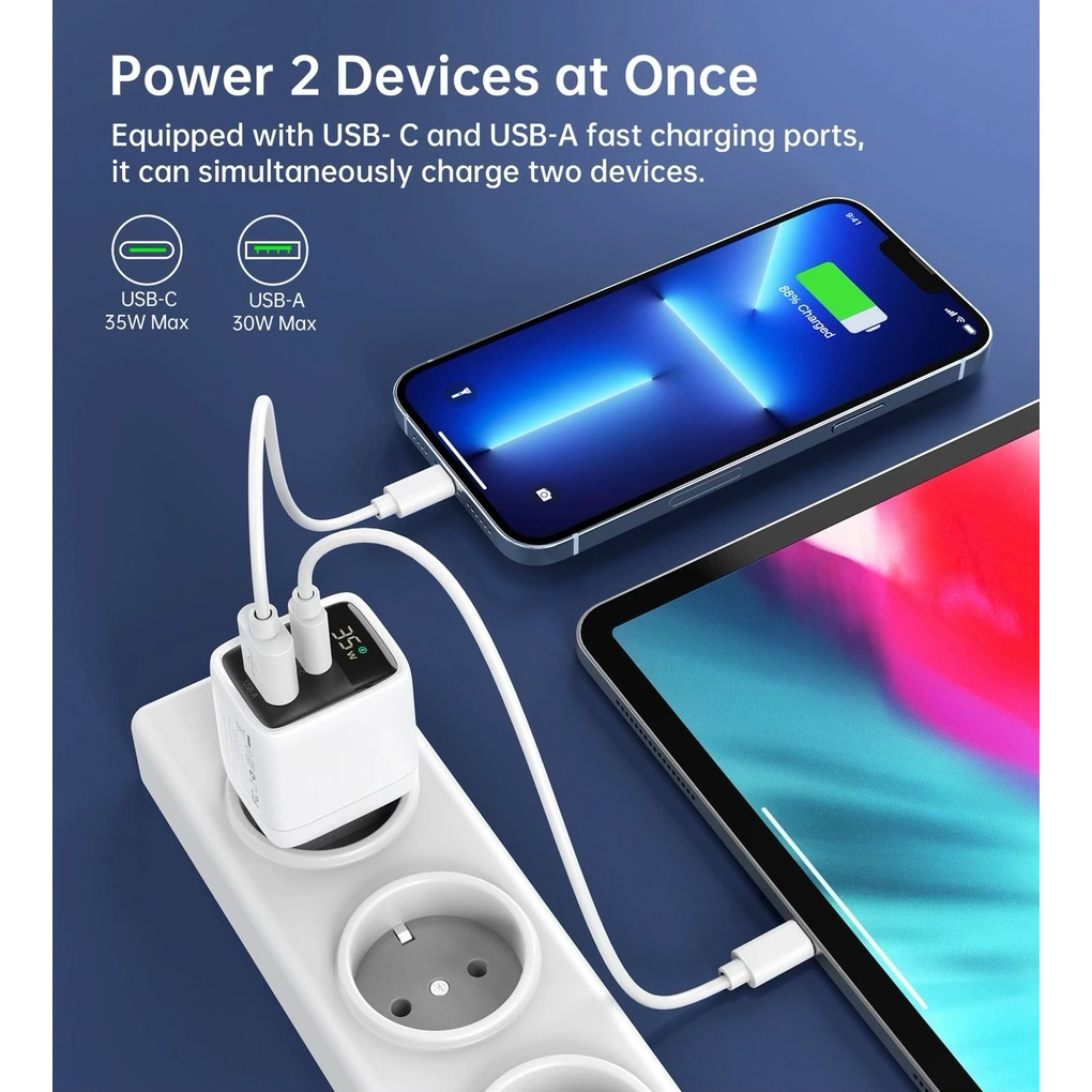 Зарядний пристрій CHOETECH PD6052 PD35W 1xUSB-A, 1xUSB-C PD3.0, QC3.0 Wall Charger White