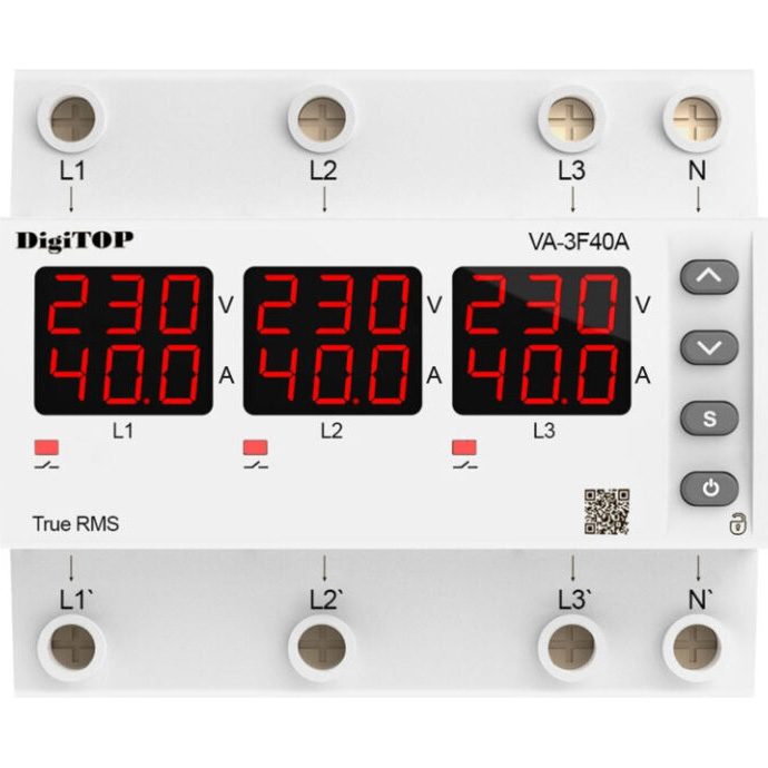 Реле напруги з контролем струму трифазне DIGITOP VA-3F40A M6R