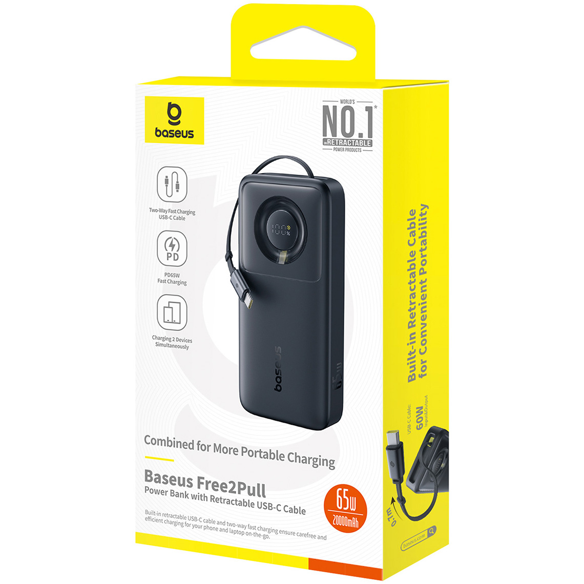 Повербанк BASEUS Free2Pull Power Bank with Retractable USB-C Cable 65W 20000mAh Cosmic Black (P10073700123-00)