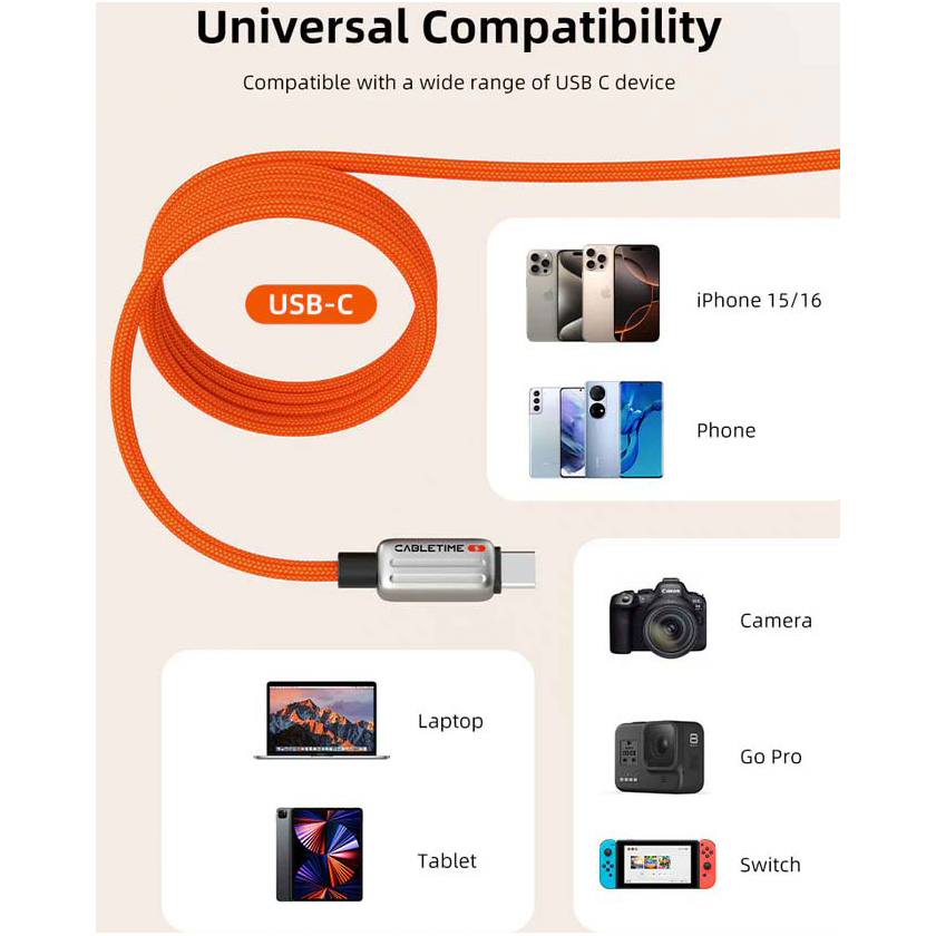 Кабель CABLETIME USB2.0 CM/CM 240W Magnetic 2м Orange (CU06L)