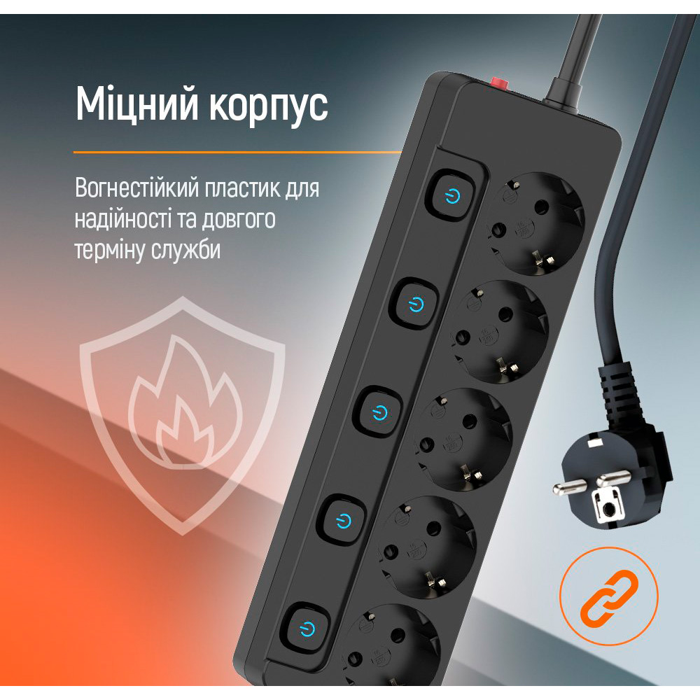 Сетевой фильтр COLORWAY CW-PSEA52SBK Black, 5 розеток, 2м