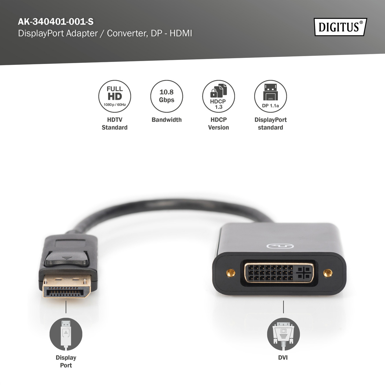 Адаптер DIGITUS DisplayPort Adapter DisplayPort - DVI 0.15м Black (AK-340401-001-S)