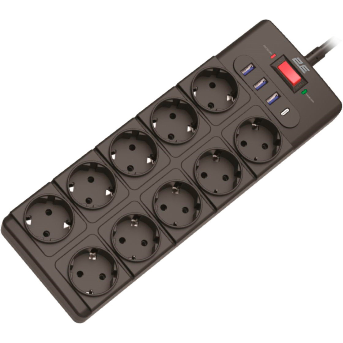 Сетевой фильтр 2E 2E-SP10M3USBBK Black, 10 розеток, 1xUSB-C, 3xUSB, 3м