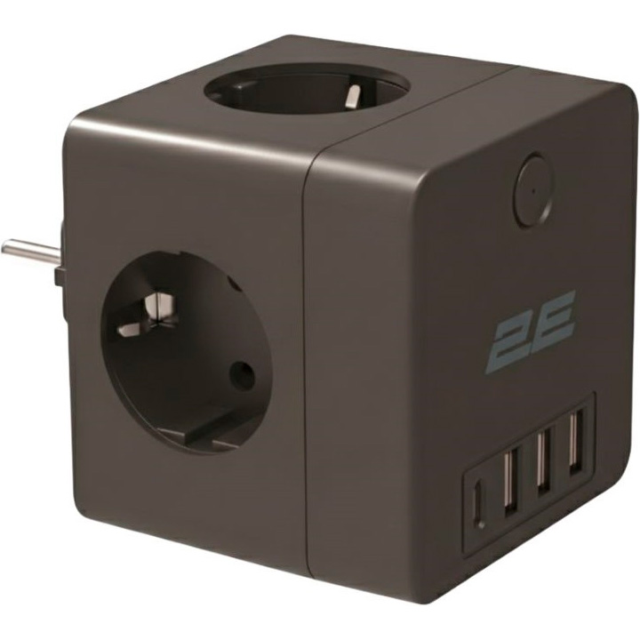 Мережевий фільтр-розетка 2E 2E-AD431BK Black, 4 розетки, 1xUSB-C, 3xUSB