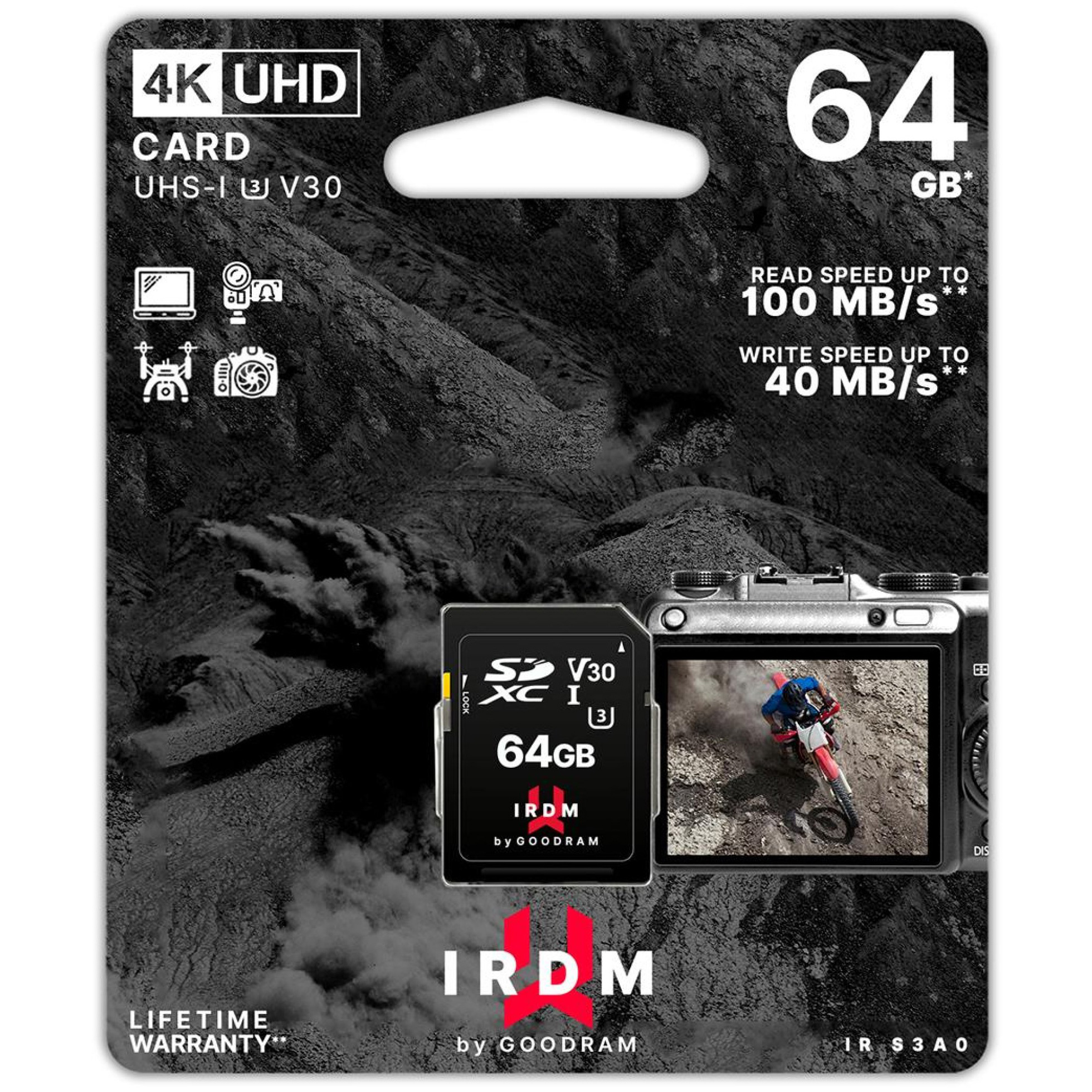 Карта пам'яті GOODRAM SDXC IRDM S3A0 64GB UHS-I U3 V30 Class 10 (IR-S3A0-0640R12)