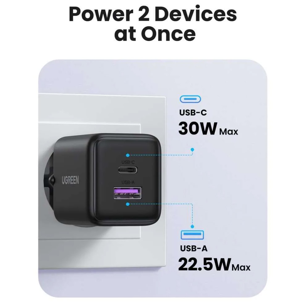 Зарядний пристрій UGREEN X516 GaN 30W 1xUSB-C, 1xUSB-A PD3.0, QC4.0 Fast Charger Black (65014)