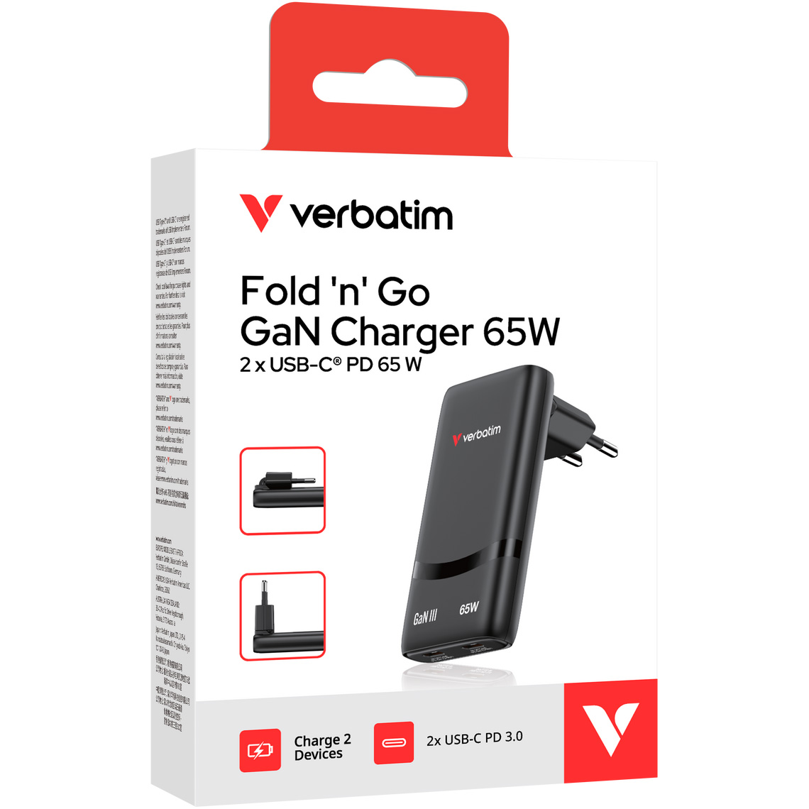 Зарядний пристрій VERBATIM Fold 'n' Go GaN 65W 2xUSB-C, PD3.0 Black