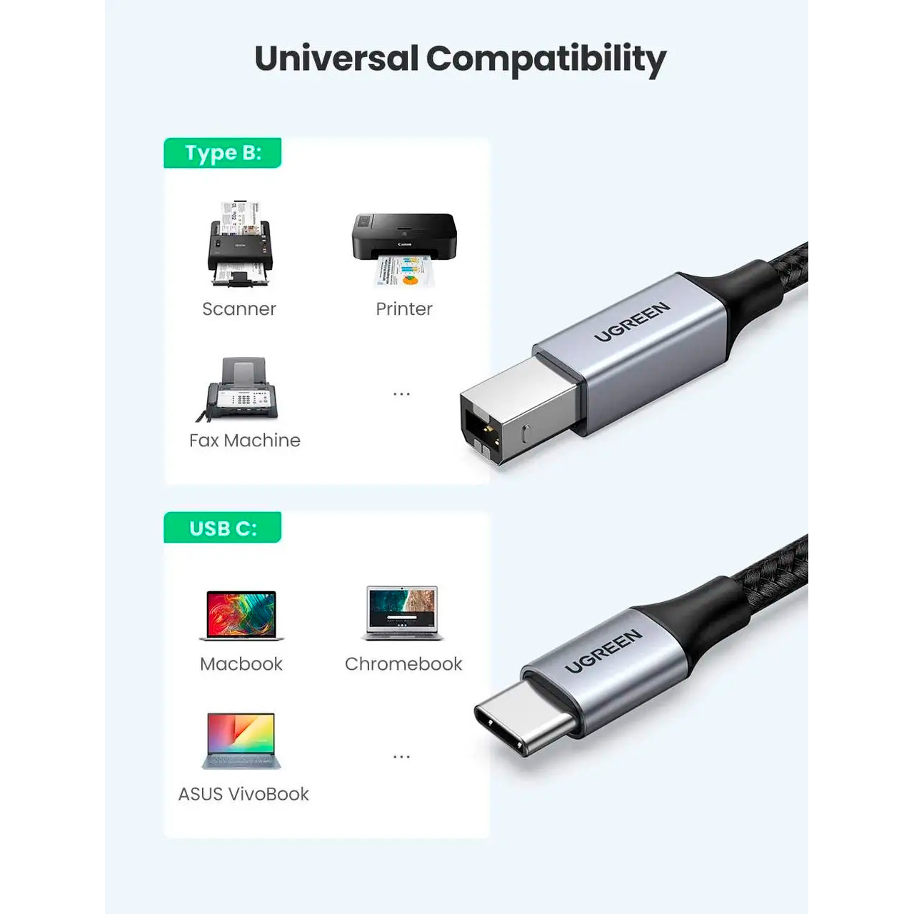 Кабель UGREEN US370 USB-C to USB-B Printer Cable 1м (45034)