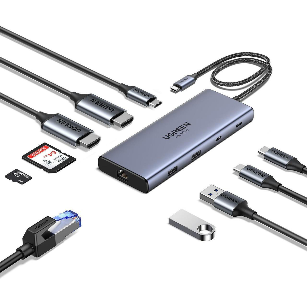 Порт-реплікатор UGREEN CM639 10-in-1 USB3.2 Type-C to HDMIx2, 60Hz/2xUSB-A/2xUSB-C 3.2/RJ45/SD/TF/PD100W (45380)