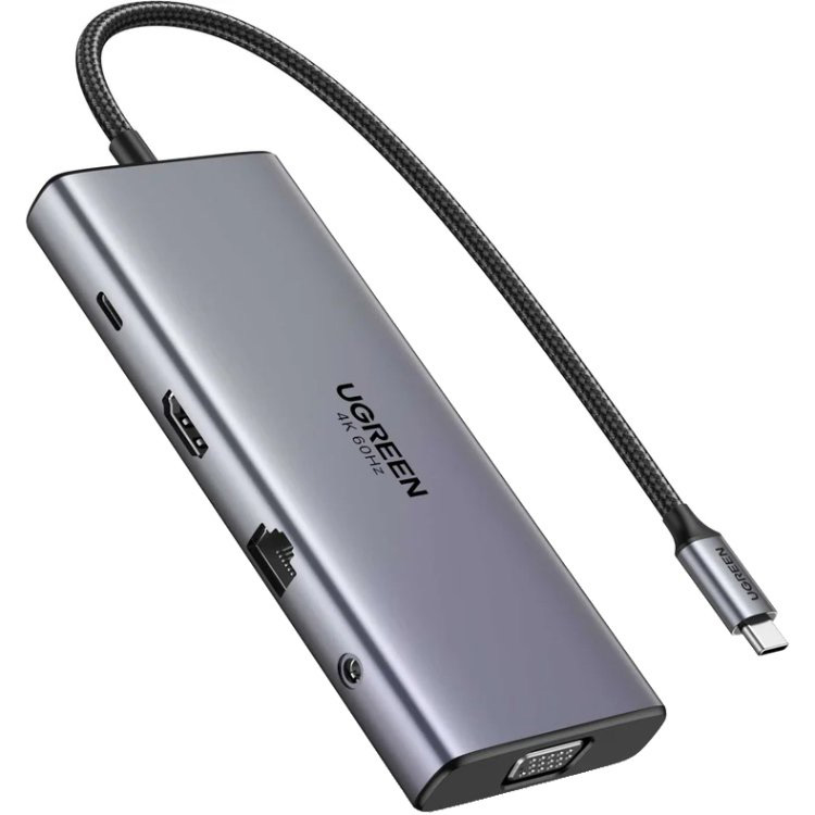 Порт-репликатор UGREEN CM639 11-in-1 USB3.2 Type-C to 1xUSB-A3.2/1xUSB-A3.1/2xUSB-C3.2/RJ45/HDMI/VGA/RJ45/SD/TF+3.5mm PD (45520)