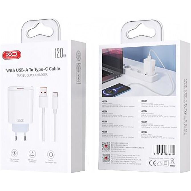 Зарядний пристрій XO L128U 1xUSB-A, QC 3,0, PD, 120W White w/Type-C cable (XO-L128U)