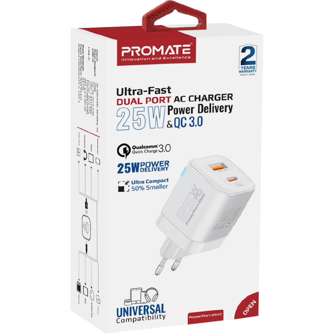 Зарядний пристрій PROMATE PowerPort-25AC 1xUSB-A, 1xUSB-C, QC3.0, PD3.0, 25W Ultra-Fast Charger White