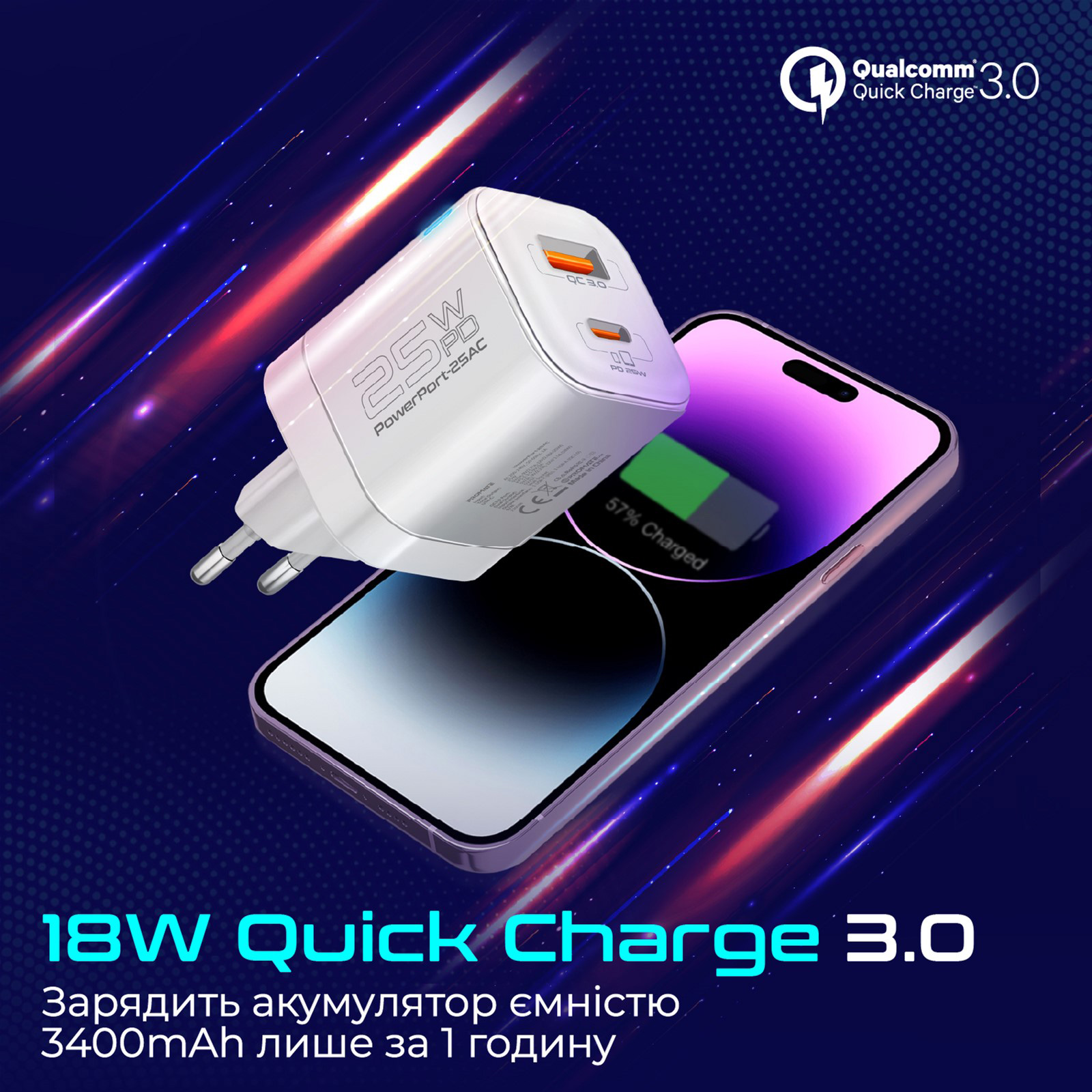 Зарядний пристрій PROMATE PowerPort-25AC 1xUSB-A, 1xUSB-C, QC3.0, PD3.0, 25W Ultra-Fast Charger White