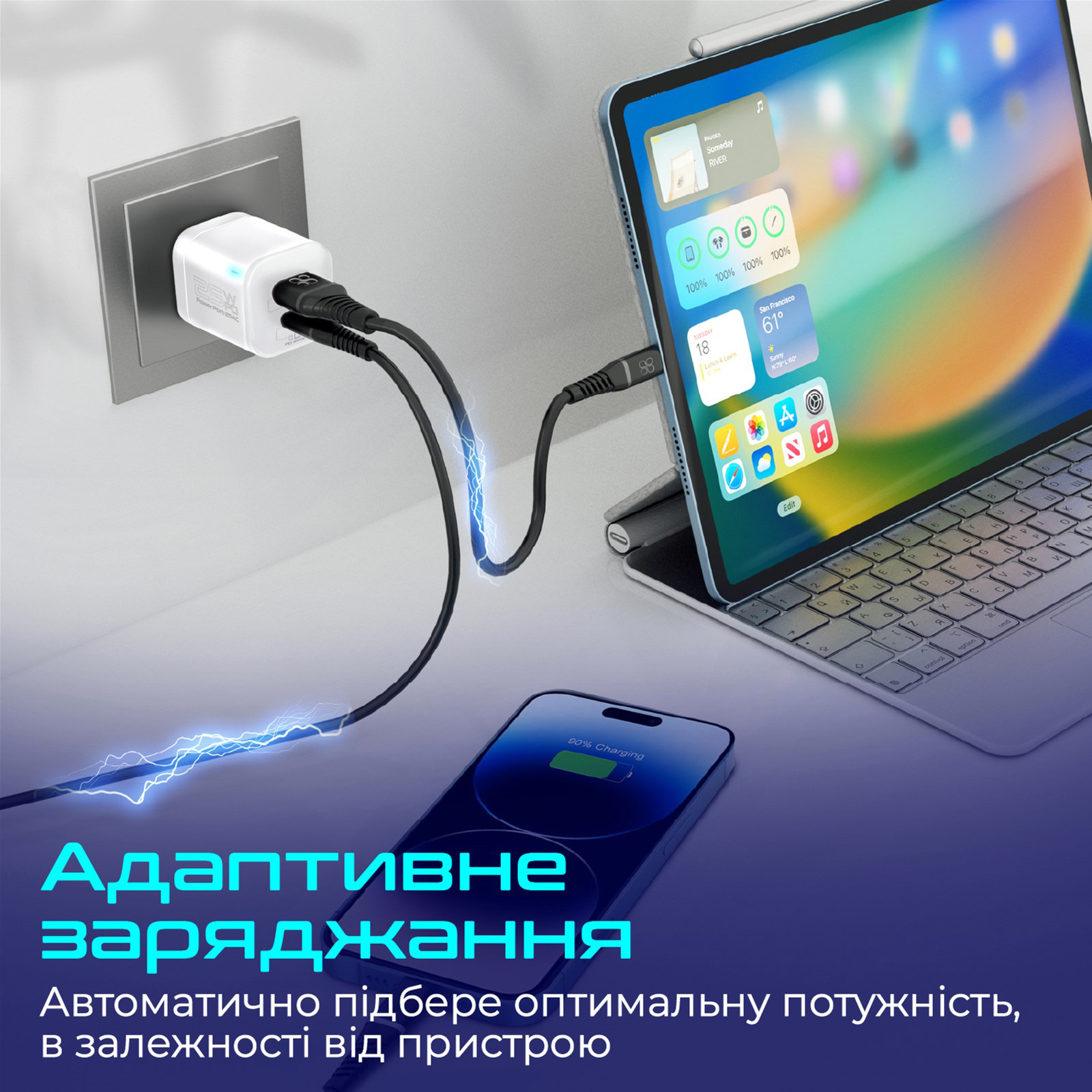 Зарядний пристрій PROMATE PowerPort-25AC 1xUSB-A, 1xUSB-C, QC3.0, PD3.0, 25W Ultra-Fast Charger White