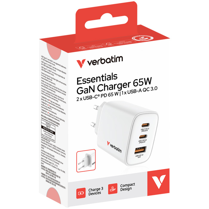 Зарядний пристрій VERBATIM Essentials GaN 65W 2xUSB-C, 1xUSB-A, PD3.0, QC3.0 White