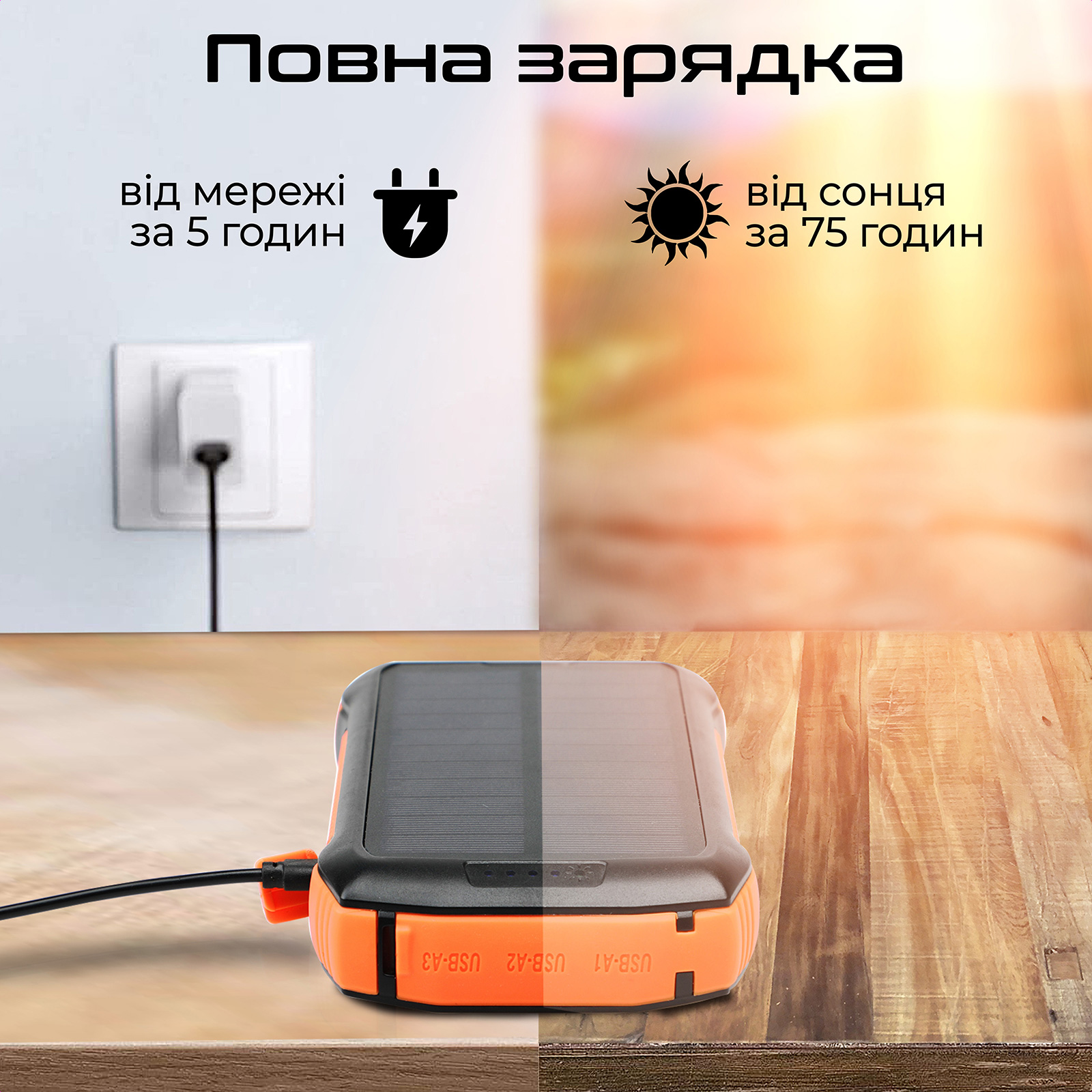 Повербанк з бездротовою зарядкою та сонячною панеллю PROMATE SolarTank-20P DQi 22W 20000mAh Black