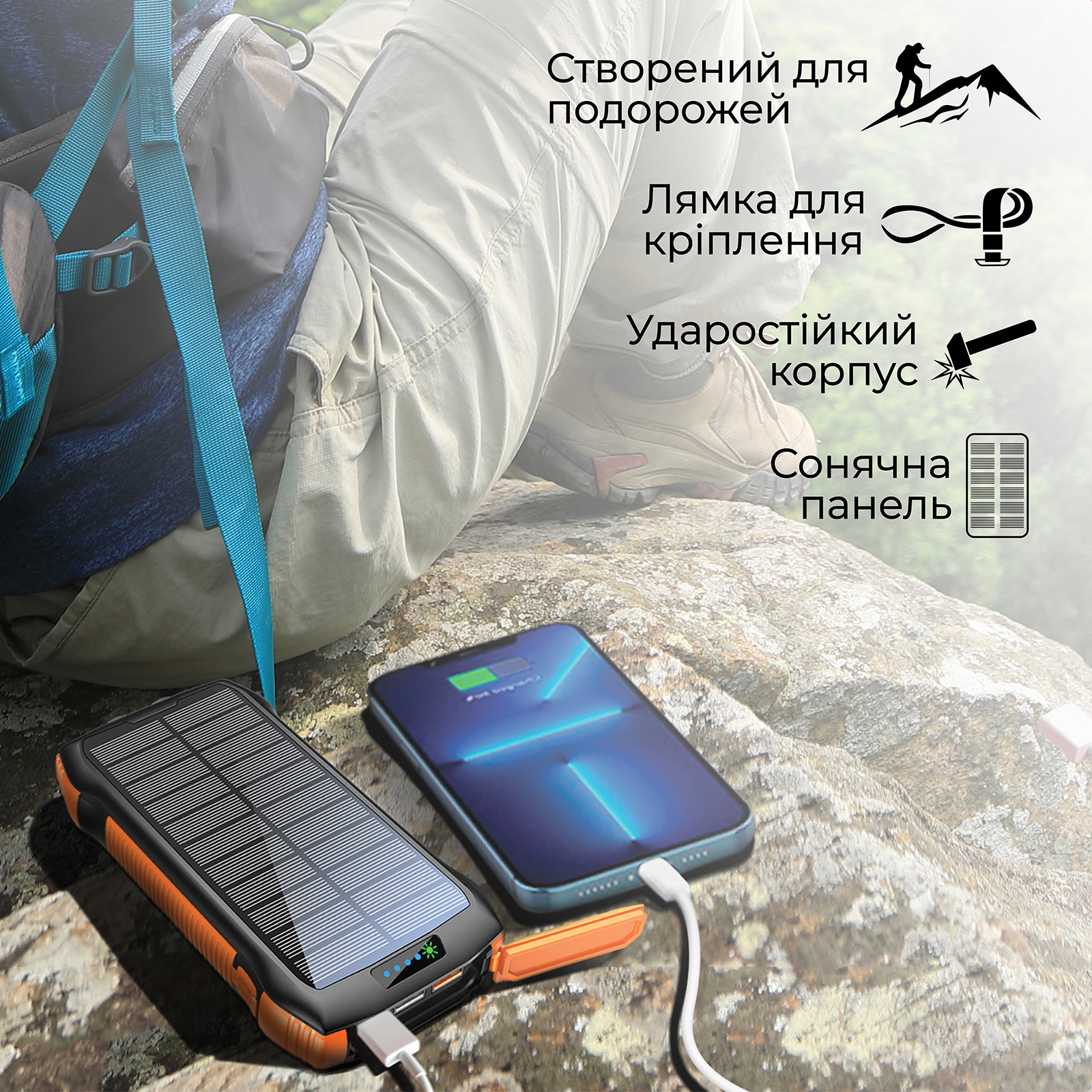 Повербанк з бездротовою зарядкою та сонячною панеллю PROMATE SolarTank-20P DQi 22W 20000mAh Black