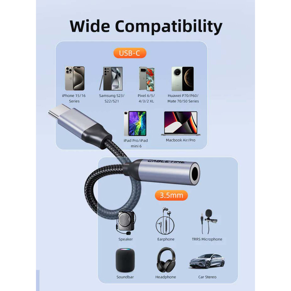 Адаптер CABLETIME USB-C to 3.5mm 0.15м Black/Gray (CPA6G)