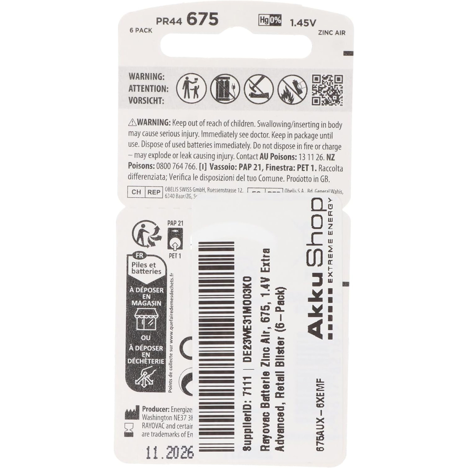 Батарейка для слухових апаратів RAYOVAC Extra 675 6шт/уп (675AUX-6XEMF)