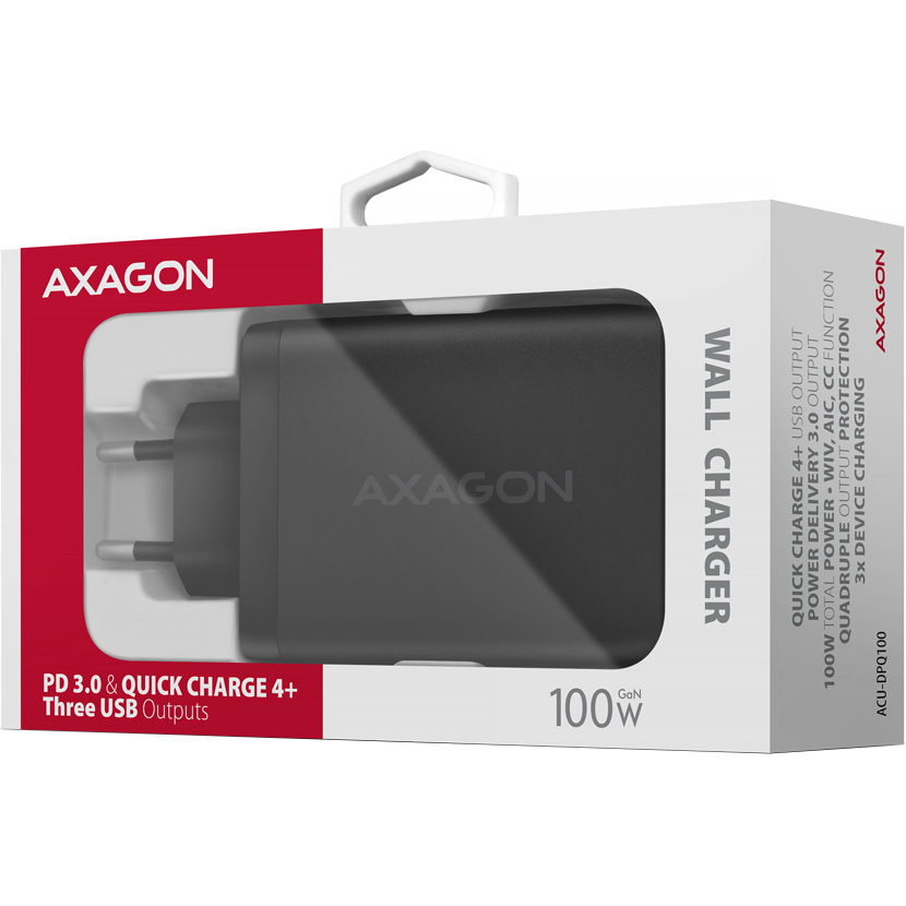 Зарядний пристрій AXAGON 1xUSB-A, 2xUSB-C, 100W QC4.0+PD3.0 PPS Black
