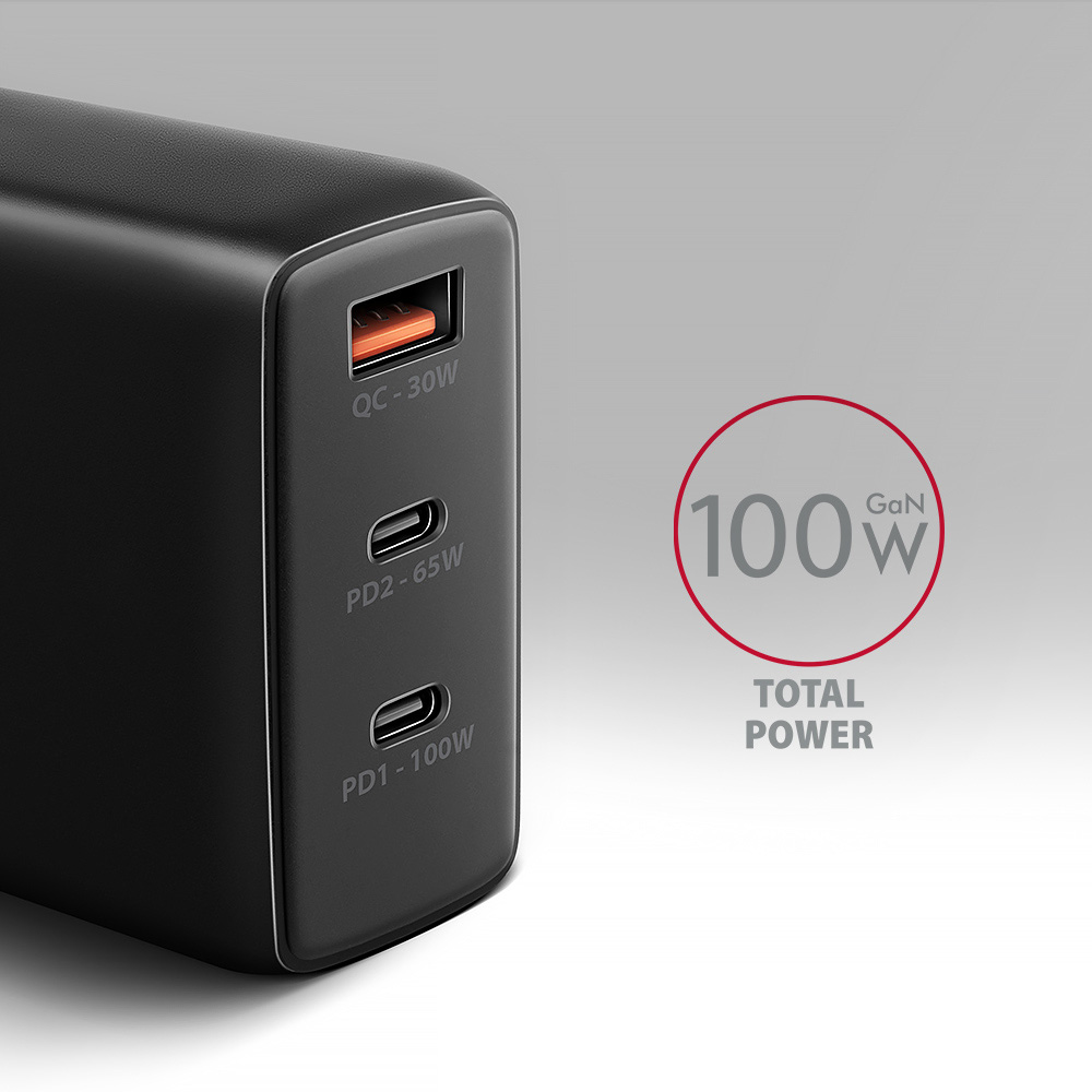 Зарядний пристрій AXAGON 1xUSB-A, 2xUSB-C, 100W QC4.0+PD3.0 PPS Black