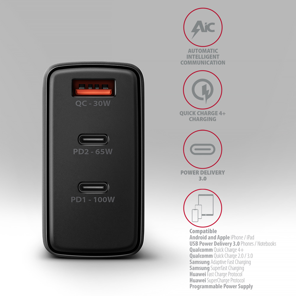 Зарядний пристрій AXAGON 1xUSB-A, 2xUSB-C, 100W QC4.0+PD3.0 PPS Black