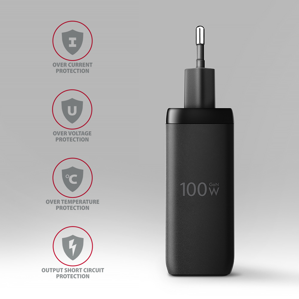 Зарядний пристрій AXAGON 1xUSB-A, 2xUSB-C, 100W QC4.0+PD3.0 PPS Black