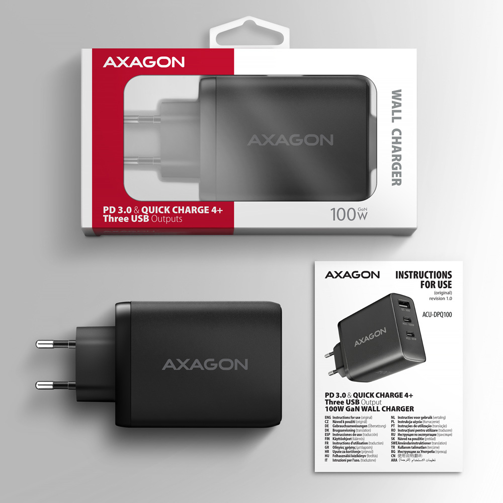 Зарядний пристрій AXAGON 1xUSB-A, 2xUSB-C, 100W QC4.0+PD3.0 PPS Black