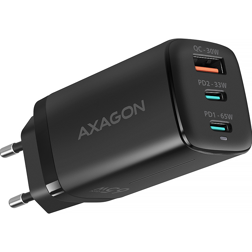 Зарядное устройство AXAGON 1xUSB-A, 2xUSB-C 65W QC4.0+PD3.0 PPS Black