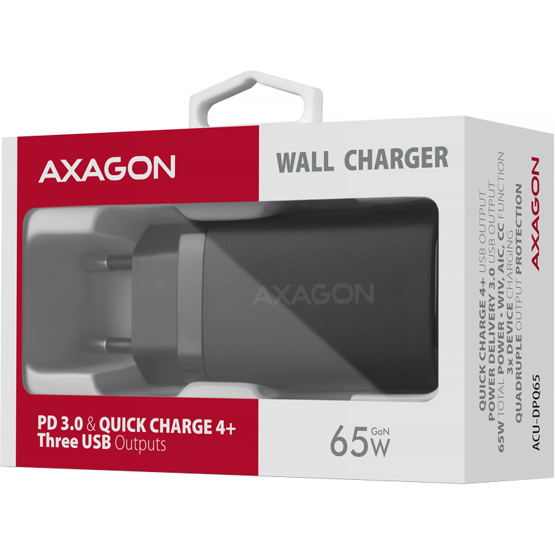 Зарядное устройство AXAGON 1xUSB-A, 2xUSB-C 65W QC4.0+PD3.0 PPS Black