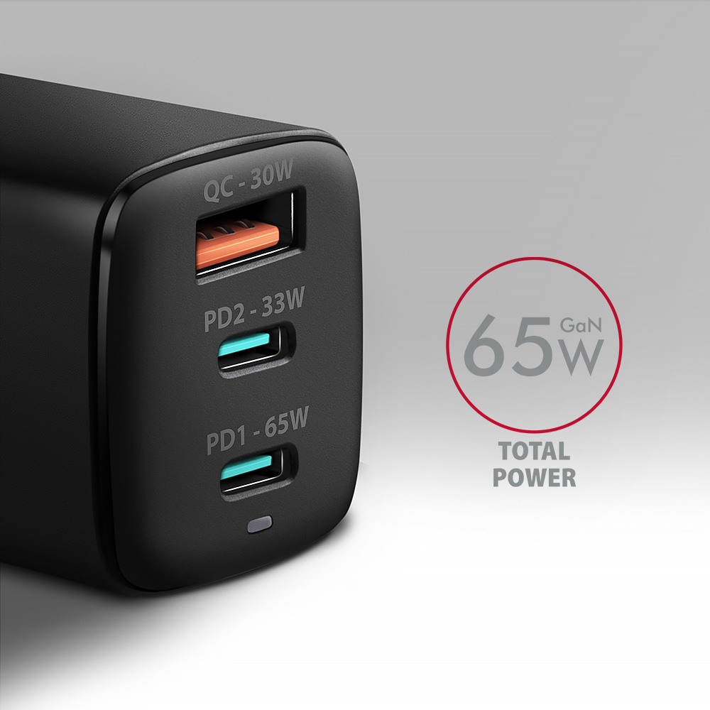 Зарядное устройство AXAGON 1xUSB-A, 2xUSB-C 65W QC4.0+PD3.0 PPS Black