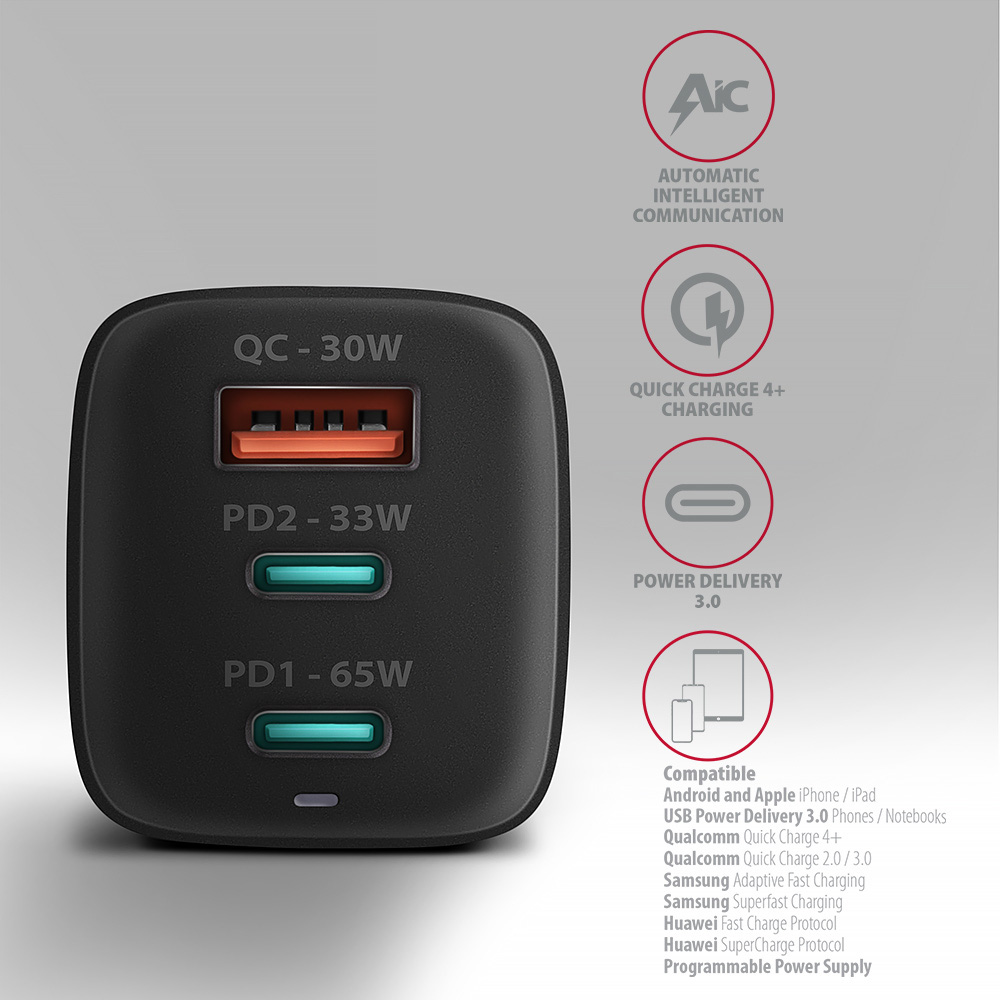 Зарядное устройство AXAGON 1xUSB-A, 2xUSB-C 65W QC4.0+PD3.0 PPS Black