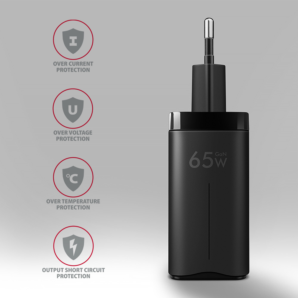 Зарядное устройство AXAGON 1xUSB-A, 2xUSB-C 65W QC4.0+PD3.0 PPS Black